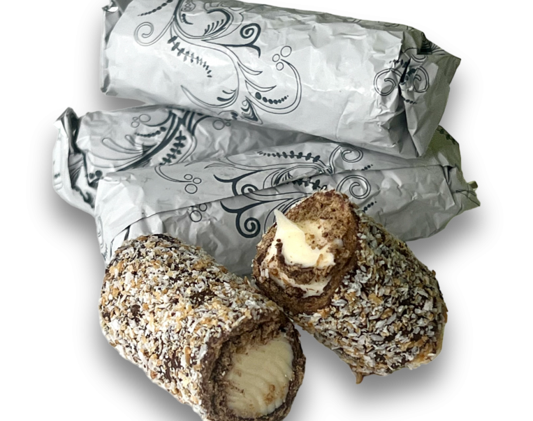 Τυλιχτό πουράκι με επικάλυψη σοκολάτας και τριμμένης καρύδας με γέμιση λευκής σοκολάτας, συσκευασία 500γρ.